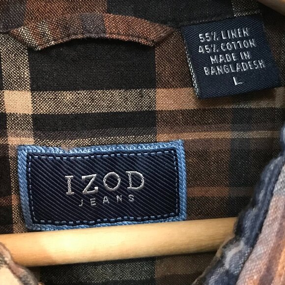 Izod Linen Blend Men's Shirt: Short-Sleeved Button-Down Brown Plaid, Size L - Picture 3 of 10
